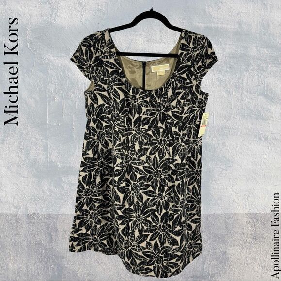 MICHAEL KORS LINEN FLORAL PRINT MINI DRESS SIZE 10 NWT BLACK GREY - Picture 1 of 6
